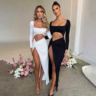 Fashion new U-neck sexy open navel high waist slit dress