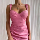 Leather suspender pleated slit long skirt Fashion sexy temperament slim dress in autumn