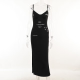 Basic printed dress Fashion temperament Women's sexy backless sleeveless black dress
