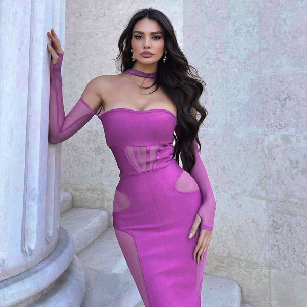 Fashionable new off shoulder slip neck patchwork temperament dress