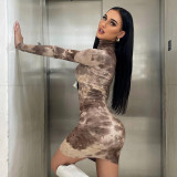 Fashion stand collar personality print high waist hip wrap dress