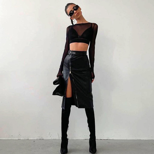New fashion high waist PU personality irregular zipper skirt