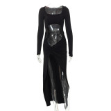 Fashion new U-neck sexy open navel high waist slit dress
