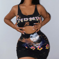 Hip Hop Portrait Print Open Umbilical Strap Dress Women's Sexy Waist Hollow Hip Wrap Dress