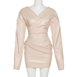 Fashionable PU leather deep V-neck sexy slim wrap dress