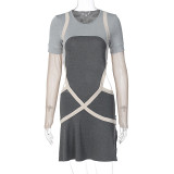 Slim fitting contrast mesh long sleeve sexy backless short pleated dress