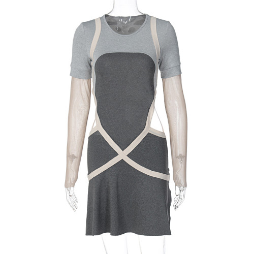 Slim fitting contrast mesh long sleeve sexy backless short pleated dress