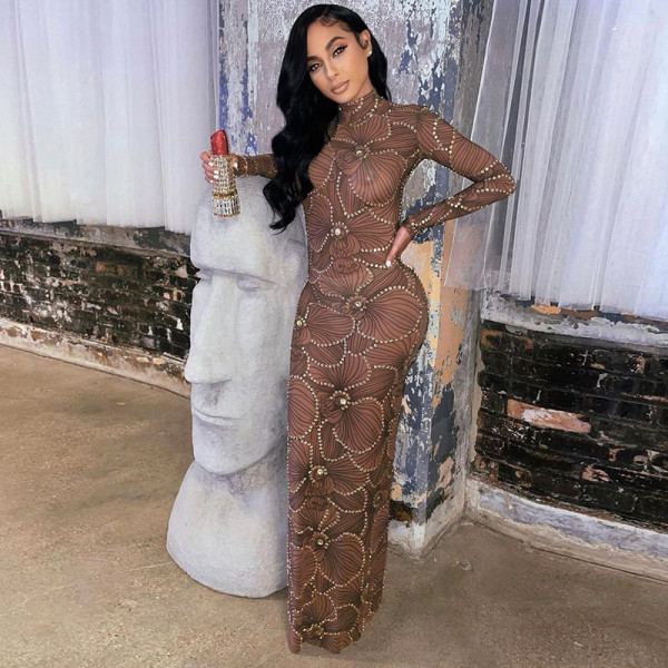 Knitted high collar hot drill flower fishtail long dress sexy slim long sleeve dress