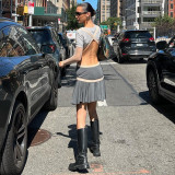 Slim fitting contrast mesh long sleeve sexy backless short pleated dress