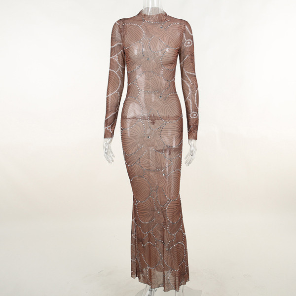 Knitted high collar hot drill flower fishtail long dress sexy slim long sleeve dress