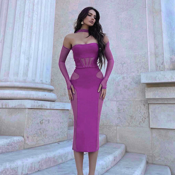 Fashionable new off shoulder slip neck patchwork temperament dress