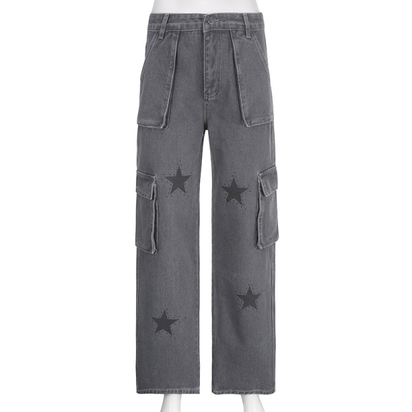 Low rise denim overalls Star print large pocket design straight casual pants