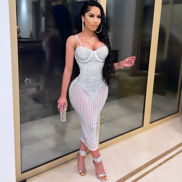 Nightclub gauze perspective hot diamond inlaid sling dress