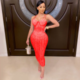 Nightclub gauze perspective hot diamond inlaid sling dress