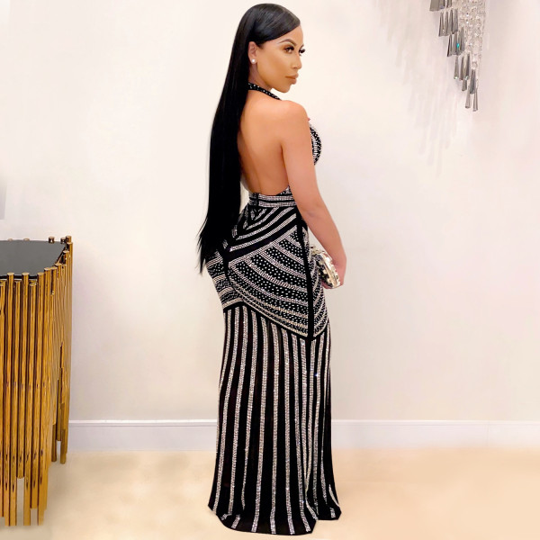 Sexy Deep V Backless Nightclub Evening Dress Hot Drill Perspective Dress