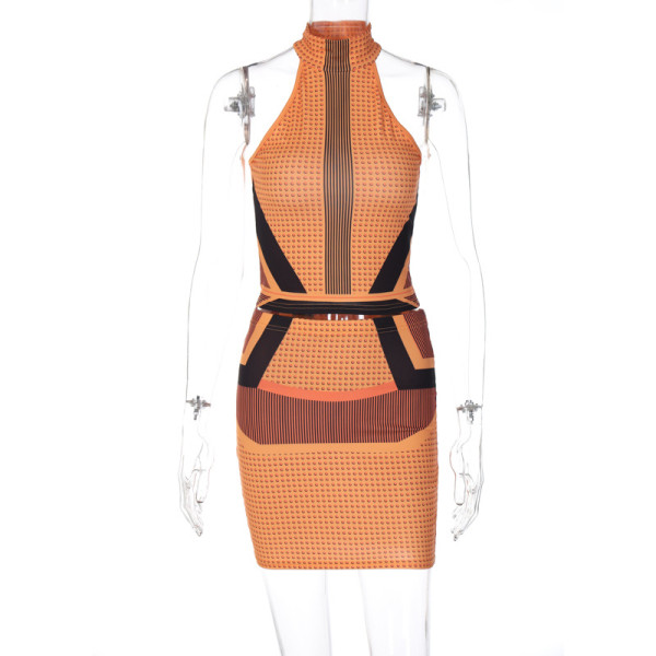 Fashion polka dot printed sleeveless high neck street style suit