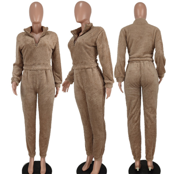 Two piece thickened reversible velvet V-neck casual suit
