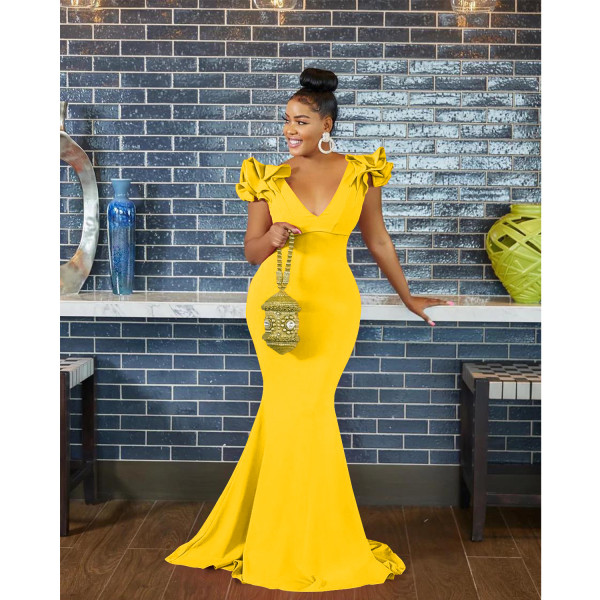 Fashion Women's Solid V-Neck Sleeveless Long Dress Shoulder Flower Dress