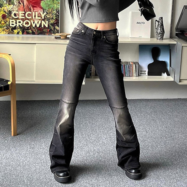 Individually Washed Gradual Ash Dark Street Jeans Straight Stitch Slim High Waist Casual overalls