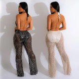 Fashion women's beaded fringe mesh transparent sleeveless trousers jumpsuit