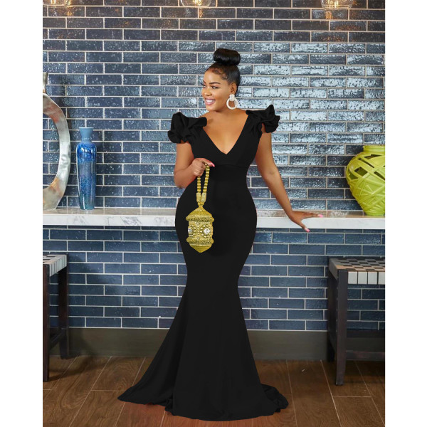 Fashion Women's Solid V-Neck Sleeveless Long Dress Shoulder Flower Dress
