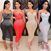 Nightclub gauze perspective hot diamond inlaid sling dress