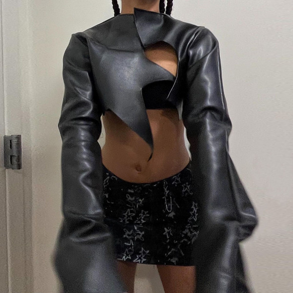 PU leather irregular splicing exposed navel street top