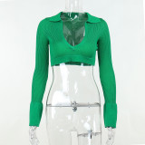Sexy Deep V Chest Polo Collar Woolen Short Long Sleeve T-Shirt