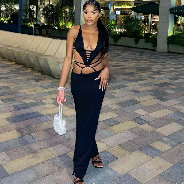 Sexy Lace up Open Back Hollow Neck Deep V Splice Long Dress