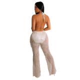Fashion women's beaded fringe mesh transparent sleeveless trousers jumpsuit