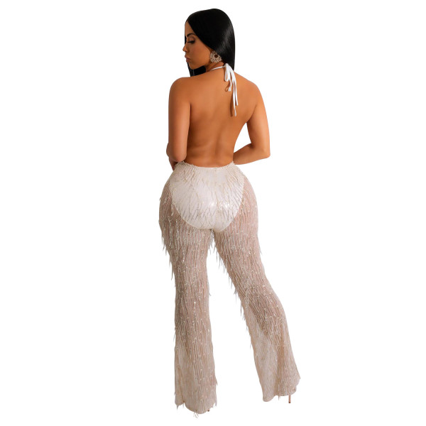 Fashion women's beaded fringe mesh transparent sleeveless trousers jumpsuit