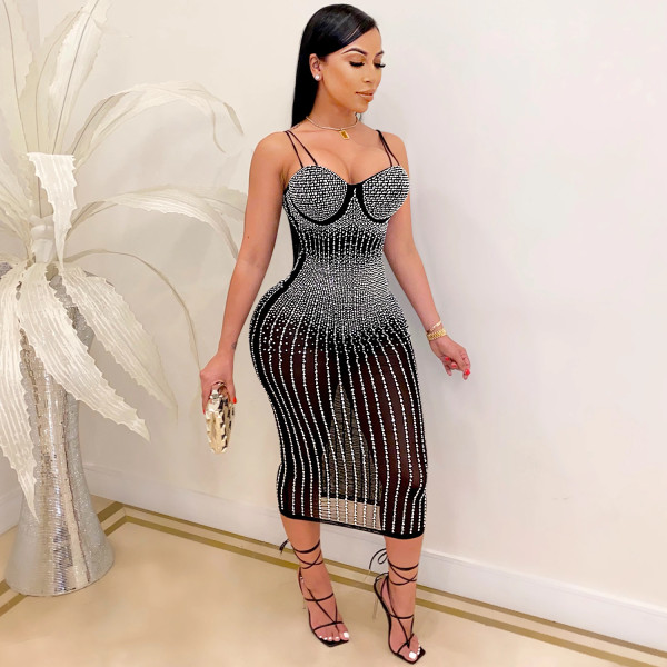 Nightclub gauze perspective hot diamond inlaid sling dress
