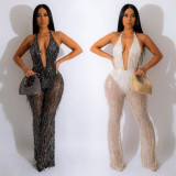 Fashion women's beaded fringe mesh transparent sleeveless trousers jumpsuit