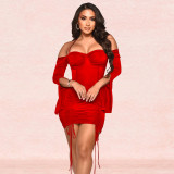 Fashionable women's bodice ruffle lace up long sleeved short skirt dress