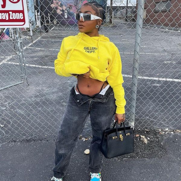 Sexy open navel letters printed hoodie women's long sleeves