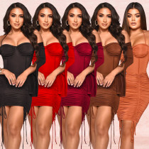 Fashionable women's bodice ruffle lace up long sleeved short skirt dress