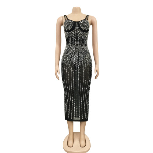 Nightclub gauze perspective hot diamond inlaid sling dress