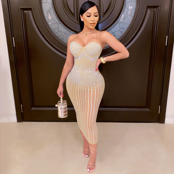 Nightclub gauze perspective hot diamond inlaid sling dress