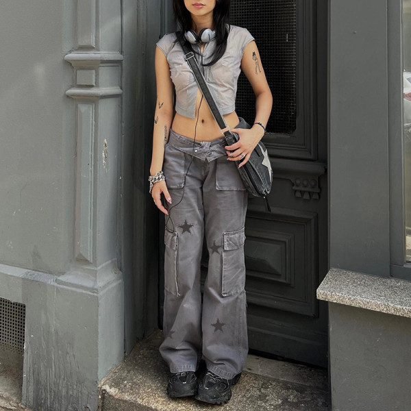 Low rise denim overalls Star print large pocket design straight casual pants
