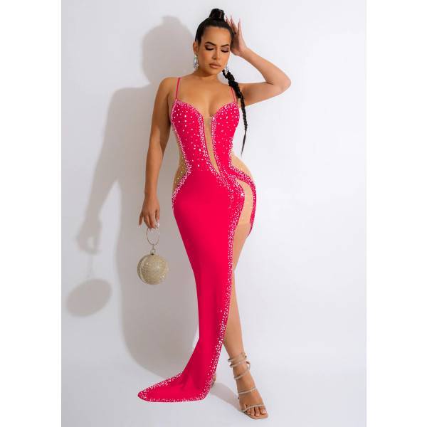 Fashion Women's Solid Hot Diamond Long Dress V-Neck Sleeveless Strap Dress