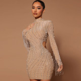 Fashion half high collar chain tassel sexy hip bag long sleeve autumn and winter hot drill dress