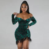 Fashion off shoulder sexy V-neck irregular hip wrap super tassel skirt
