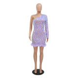 Fashionable sexy wrap hip A-line sequin dress one shoulder long sleeve dress