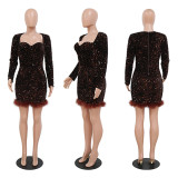 Sexy Perspective Hot Drill Dress Long Sleeve Feather Dress