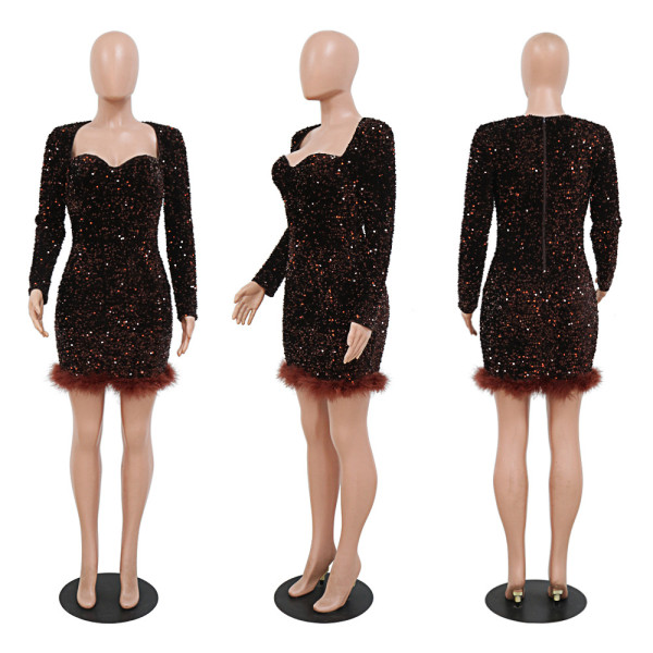Sexy Perspective Hot Drill Dress Long Sleeve Feather Dress