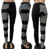 Popular color block splicing straight zipper jeans