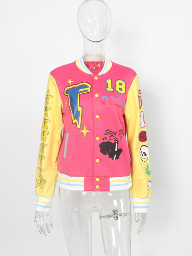 Fashion Versatile Single breasted Woolen Casual Jacket Printed Splice Bomber Jacket
