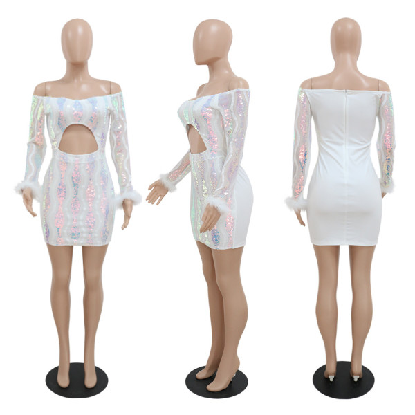 Long Sleeve Hip Wrap Dress Women Sexy One Shoulder Perforated Dress