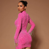 Fashion half high collar chain tassel sexy hip bag long sleeve autumn and winter hot drill dress