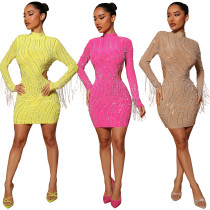 Fashion half high collar chain tassel sexy hip bag long sleeve autumn and winter hot drill dress